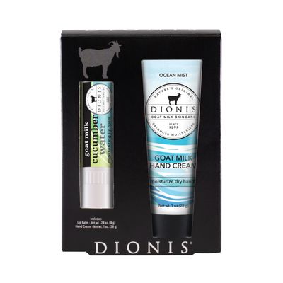 Dionis Goat Milk Skincare Hand Cream &amp; Lip Balm Set - Safe For Sensitive Skin, Moisturize, Hydrate, Soothe Dry Chapped Lips and Skin, Cruelty Free, Ocean Mist and Cucumber Water, 1 oz and .28 oz