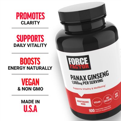 FORCE FACTOR Panax Ginseng Adaptogenic Korean Ginseng Supplement to Support Energy, Clarity, and Well Being, Non-GMO, Vegan-Friendly, Premium Quality, 100 Capsules