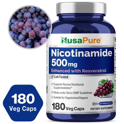 NusaPure Nicotinamide with Resveratrol Vitamin B-3 500 mg - 180 Vegetarian Caps Non-GMO &amp; Vegan