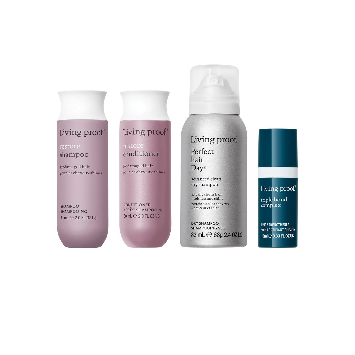 Living Proof Strong Hair Essentials Kit - Travel Size Restore Shampoo, Conditioner, Triple Bond Complex and Advanced Clean Dry Shampoo 72 value