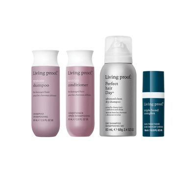 Living Proof Strong Hair Essentials Kit - Travel Size Restore Shampoo, Conditioner, Triple Bond Complex and Advanced Clean Dry Shampoo 72 value