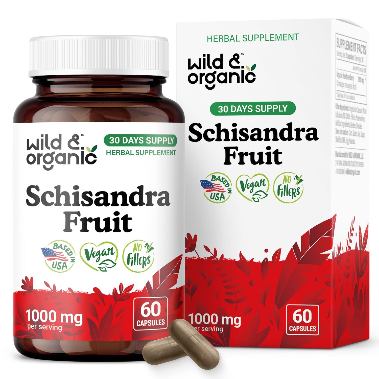 Wild &amp; Organic Schisandra Supplement Capsules 1000 mg - Mood &amp; Relaxation Support - Schisandra Berry Powder Extract - Vegan, No Fillers, Non-GMO - 60 Count