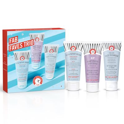 First Aid Beauty FAB Faves Trio: Cleanse &amp; Hydrate Dry, Distressed Skin with Travel Size Essentials, KP Bump Eraser Body Scrub with 10 AHA, Ultra Repair Cream &amp; Pure Skin Face Cleanser 2 oz, 3ct