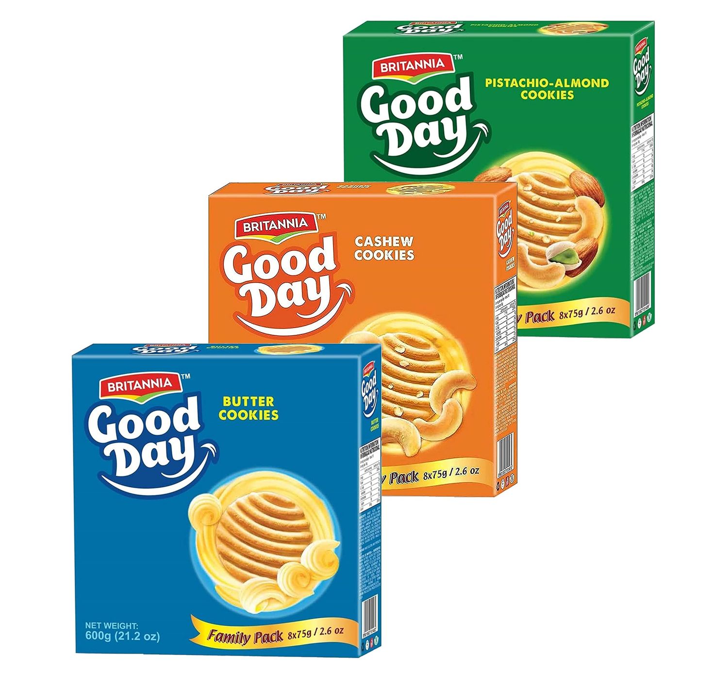 Britannia Good Day PistachioAlmond, Cashew &amp; Butter 21.2oz 600g Combo Pack - Breakfast &amp; Tea Time Snacks Pack of 1 Each