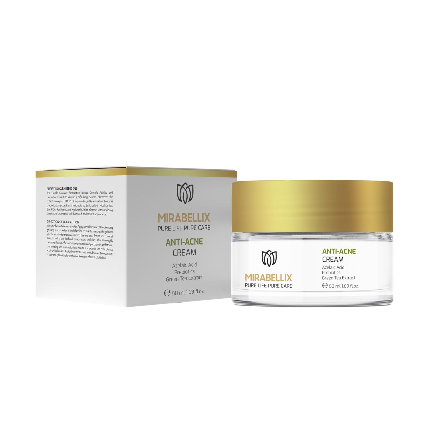 Mirabellix Anti-Acne Cream with 1 Azelaic Acid, Niacinamide, Prebiotic &amp; Green Tea Extract, Oil Control &amp; Skin Barrier Repair, 50ML for Oily &amp; Acne-Prone Skin