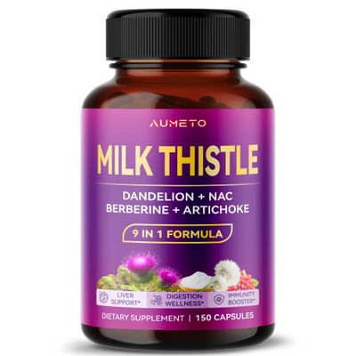 AUMETO Ultra Milk Thistle 9 in 1 Formula - with Dandelion NAC Berberine Artichoke 150 Count Pack of 1