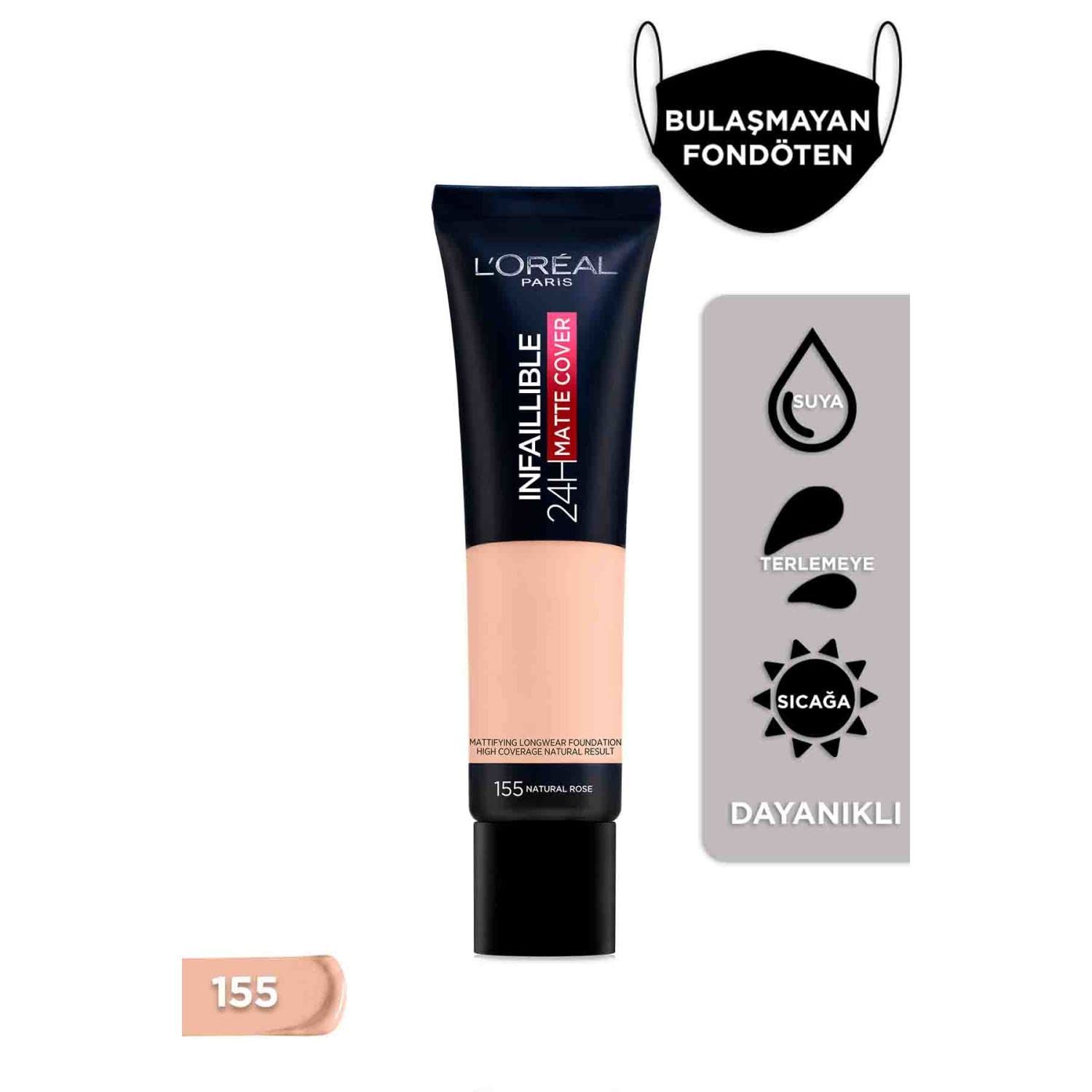 L&#39;Oreal Paris Cover Liquid Foundation, With 4 Niacinamide, Long Lasting, Natural Finish, Available In 20 Shades, Spf 25, Infallible 32H Matte Cover, Shade 155, 30Ml