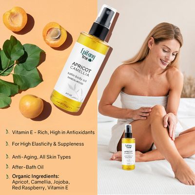 Epifany True Apricot & Camellia Body Oil 4oz Wellness Self-Care Gift Set, 4 Pieces, Natural, Scented Coconut Soy Candle 4oz, Calendula Lip Balm 0.15 oz, Just Breathe Essential Oil Roll-On 0.33oz