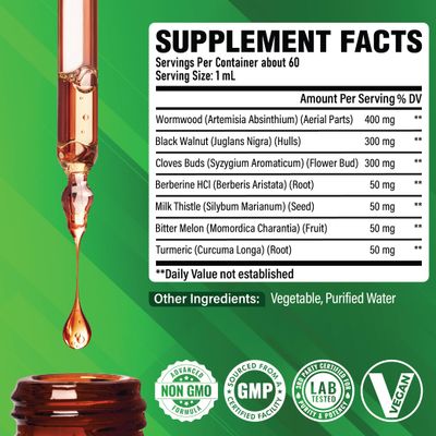 Satoomi 7in1 Wormwood Liquid Drops with Black Walnut, Whole Cloves, Berberine, Milk Thistle, Bitter Melon and Turmeric - 60ml for 60 Days