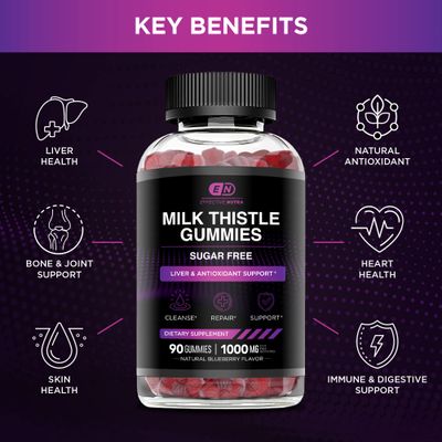 EFFECTIVE NUTRA Milk Thistle Gummies Sugar-Free Milk Thistle Extract 1000mg for Liver Detox &amp; Antioxidant Support Vegan, Gluten-Free 45-Day Supply, Natural Berry Flavor, Made in USA 90 Count