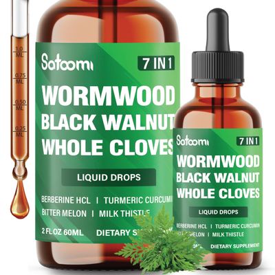 Satoomi 7in1 Wormwood Liquid Drops with Black Walnut, Whole Cloves, Berberine, Milk Thistle, Bitter Melon and Turmeric - 60ml for 60 Days