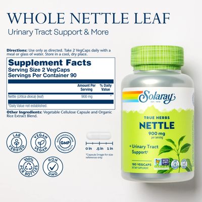 SOLARAY Nettle Leaf 450mg Healthy Kidney, Urinary &amp; Prostate Support Traditional Use for Healthy Allergy Response &amp; Respiratory Wellness 180 CT