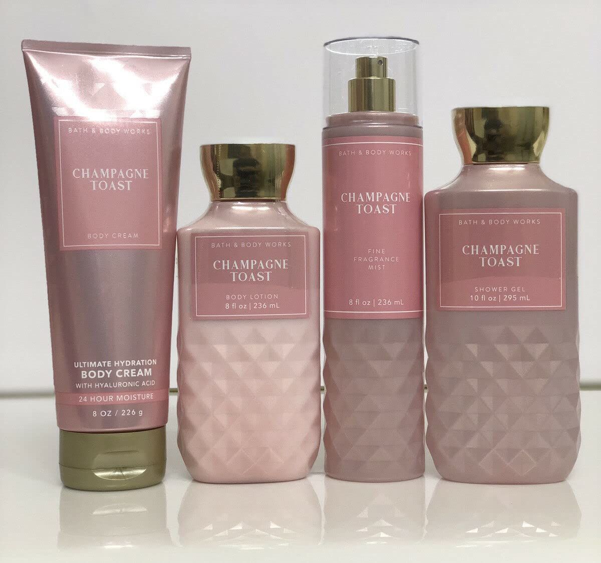 Bath &amp; Body Works CHAMPAGNE TOAST set of 4 -- fine fragrance mist 8 fl oz., shower gel 10 fl oz.,body lotion 8 fl oz., ultra shea body cream 8 oz.