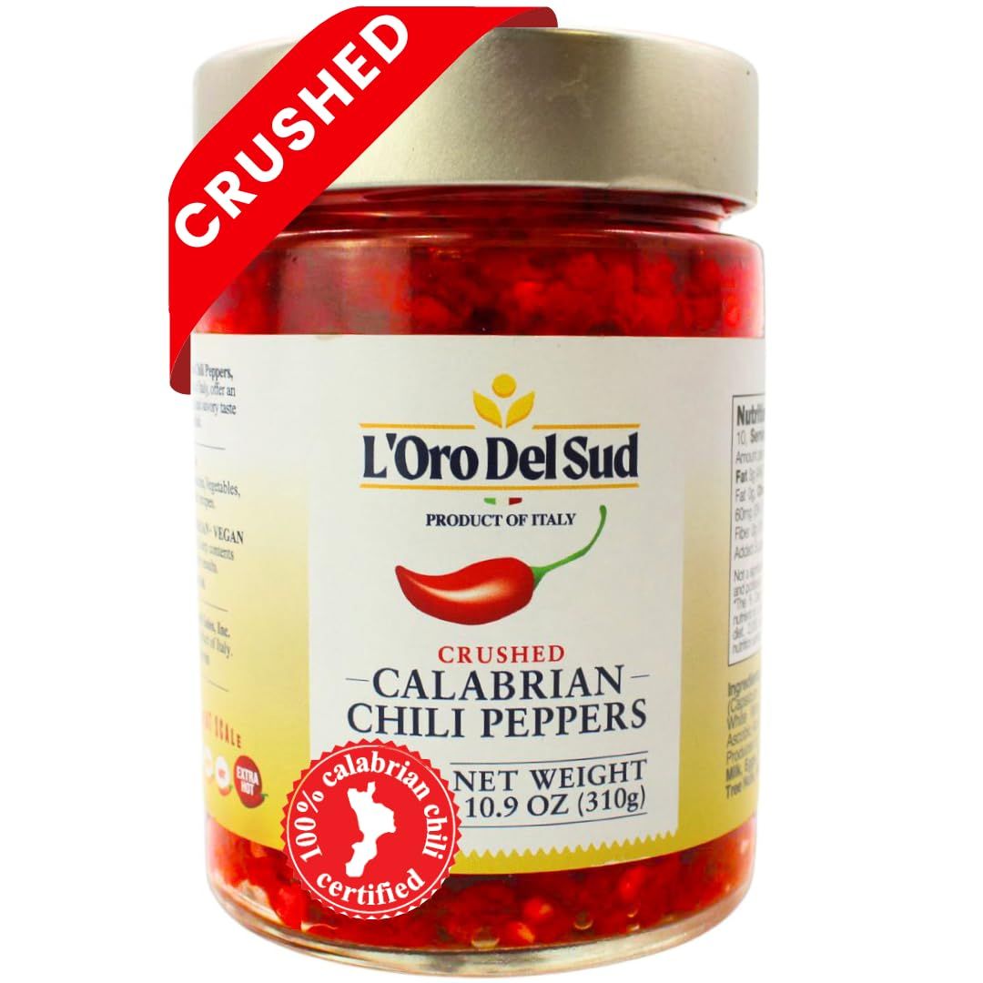 Crushed Calabrian Chili Peppers Paste, 9.8 oz 280 g Spread, Chopped, Grown and Packed in Calabria Italy, Authentic Italian, Spicy and Savory Taste, L&#39;Oro Del Sud