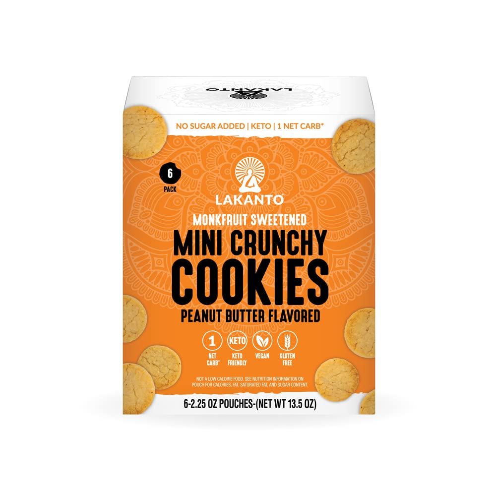 Lakanto Mini Crunchy Cookies - No Sugar Added, Sweetened with Monk Fruit Sweetener, Vegan, Gluten Free, Keto Diet Friendly, 1 Net Carb, Cocoa Butter, Snack Peanut Butter - Pack of 6