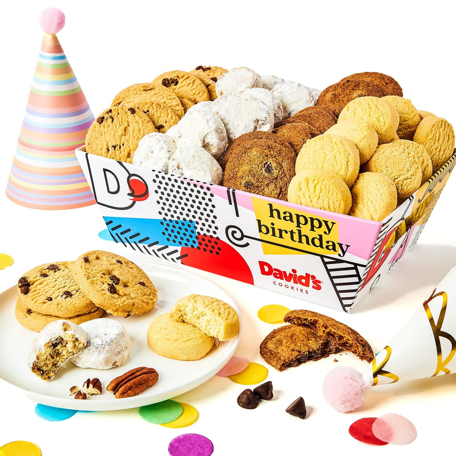 Davids Cookies Happy Birthday Cookie Gift Basket - Deliciously Flavored Assorted Cookies in a Lovely Gift Crate - Gourmet Thin Crispy Cookies, Butter Pecan Meltaways, and Choco Chip &amp; Pure Butter S...