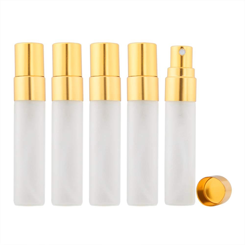 Enslz 10pcs Fine Mist 5ml Atomizer Clear Frosted Glass Bottle Vial Spray Refillable Liquid Fragrance Perfume Empty Scent Bottle for Travel Makeup Party Gold