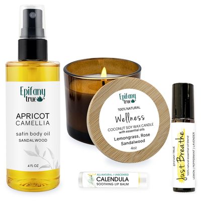 Epifany True Apricot &amp; Camellia Body Oil 4oz Wellness Self-Care Gift Set, 4 Pieces, Natural, Scented Coconut Soy Candle 4oz, Calendula Lip Balm 0.15 oz, Just Breathe Essential Oil Roll-On 0.33oz