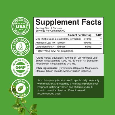 Liver Support Milk Thistle Supplement for Liver Cleanse Detox &amp; Repair - Advanced Milk Thistle and Dandelion Root Supplement with Artichoke Extract - Dandelion Capsules for Detox - 60 Ct
