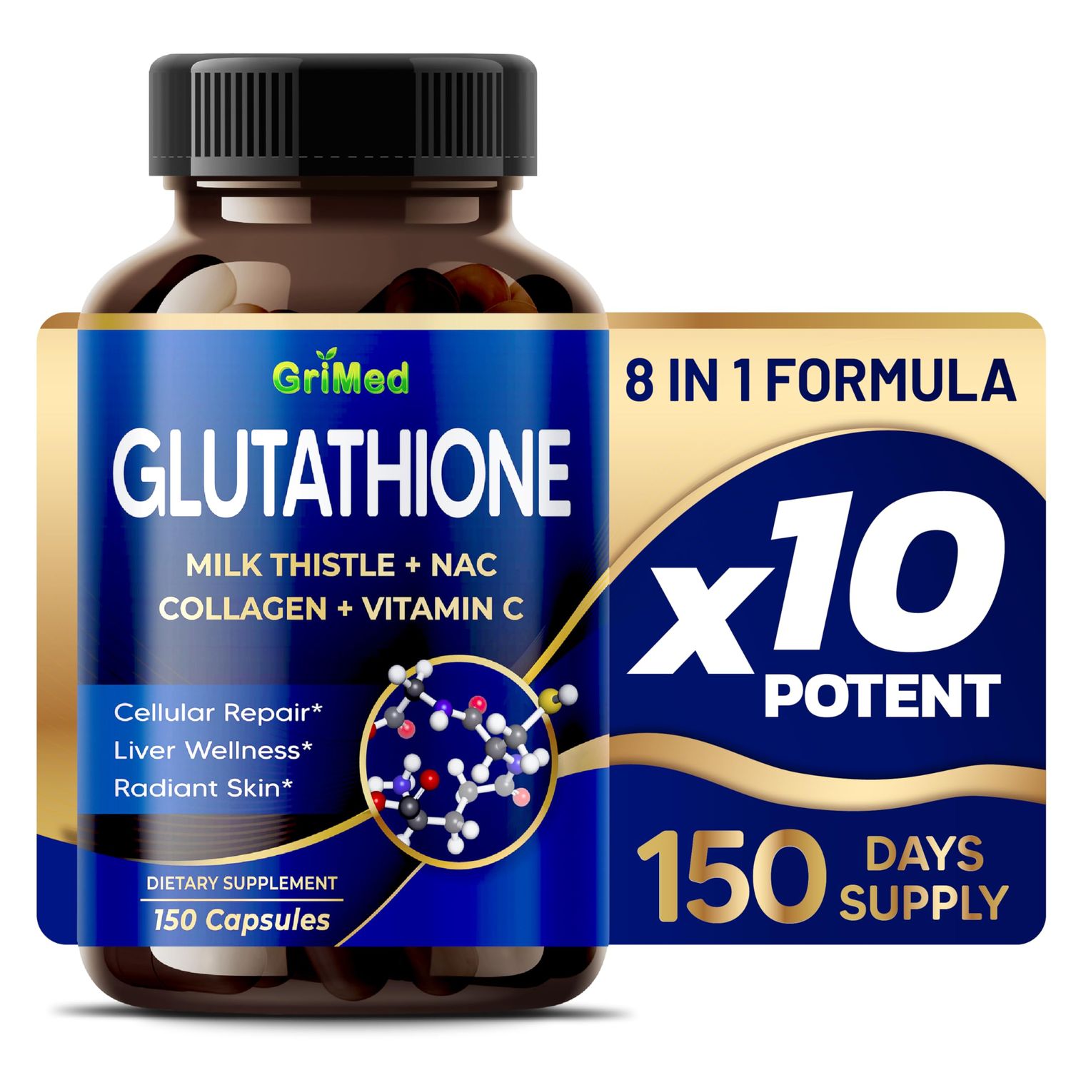 GriMed Glutathione 11,200mg - X10 Power with Milk Thistle, NAC, Collagen, Vitamin C - Cellular Wellness, Radiant Skin - USA Made &amp; Tested 150 Count Pack of 1