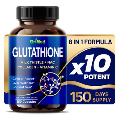 GriMed Glutathione 11,200mg - X10 Power with Milk Thistle, NAC, Collagen, Vitamin C - Cellular Wellness, Radiant Skin - USA Made &amp; Tested 150 Count Pack of 1