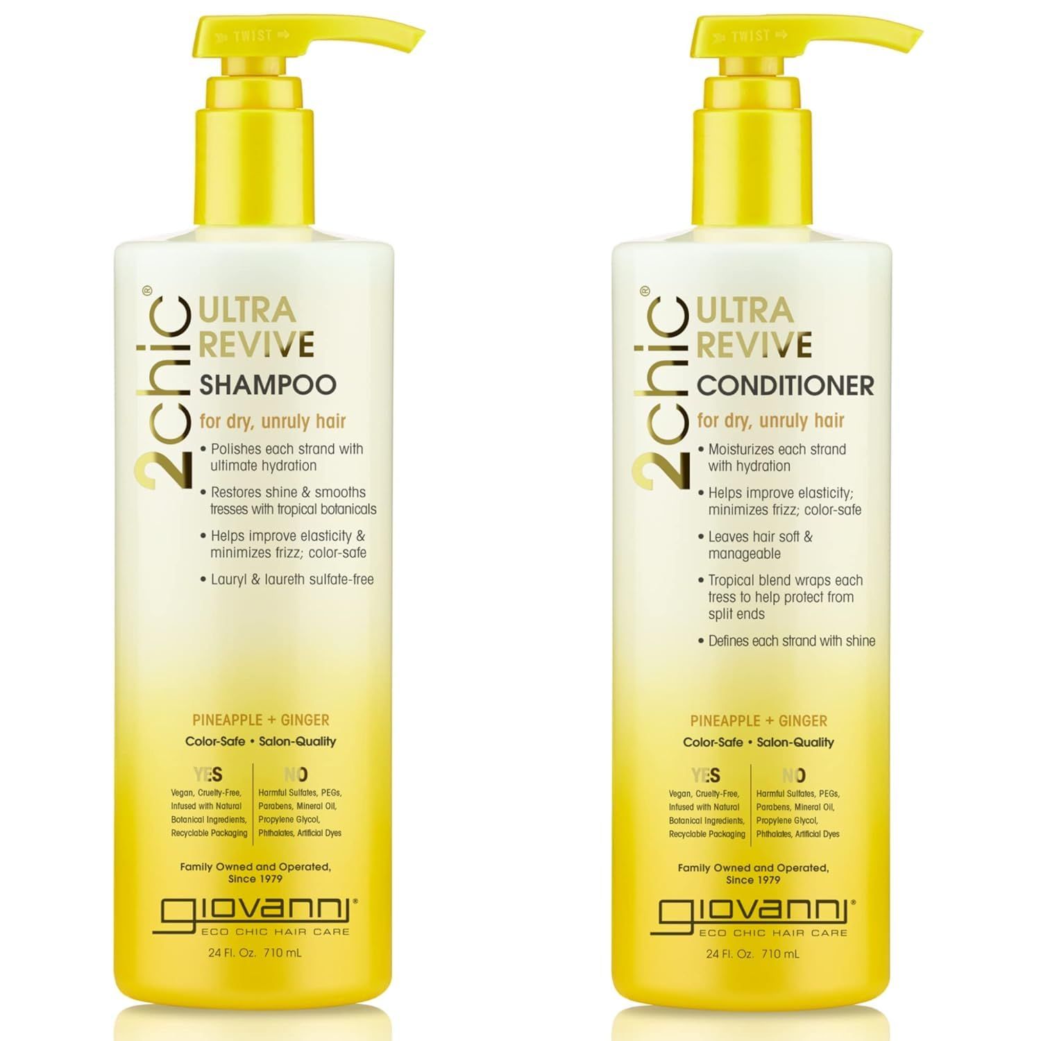 GIOVANNI 2chic Ultra-Revive Shampoo &amp; Conditioner - Pineapple &amp; Ginger to Moisturize Dry Unruly Hair, Aloe Vera, Pro-Vitamin B5, Lauryl &amp; Laureth Sulfate Free, Color Safe - 24 oz 2 Pack