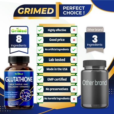 GriMed Glutathione 11,200mg - X10 Power with Milk Thistle, NAC, Collagen, Vitamin C - Cellular Wellness, Radiant Skin - USA Made & Tested 150 Count Pack of 1