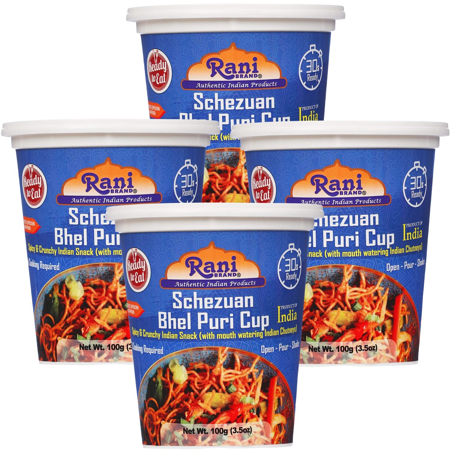 Rani Schezuan Bhel Puri Cup Spicy &amp; Crunchy Indian Snack w mouth watering Indian Chutneys 3.5oz 100g, Pack of 4 Ready to Eat Vegan NON-GMO Indian Origin