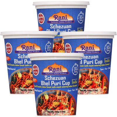 Rani Schezuan Bhel Puri Cup Spicy &amp; Crunchy Indian Snack w mouth watering Indian Chutneys 3.5oz 100g, Pack of 4 Ready to Eat Vegan NON-GMO Indian Origin