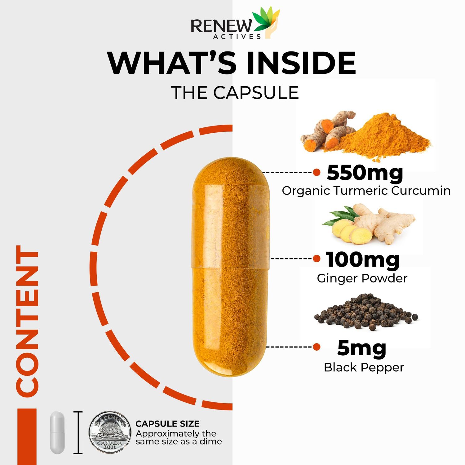 Renew Actives Turmeric Curcumin 1000MG &amp; 200MG Ginger per 2 Capsules - Potent Antioxidant with Bioperine &amp; Black Pepper Blend for Digestive &amp; Liver Health - Made in Canada - 60 Capsules
