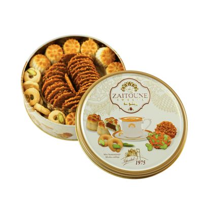 Zaitoune Premium Mini Mixed Cookies - 250 g Bite-Sized Date Maamoul, Barazek &amp; Ghraybeh Biscuit Mix Handcrafted in Turkey Beautiful Reusable Gift Tin Perfect with Tea Ramadan Sharing Present