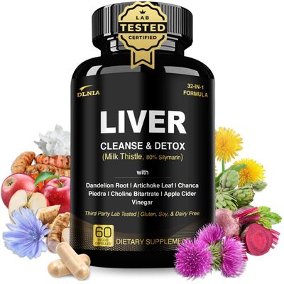 DLNIA 32 in 1 Liver Cleanse Detox &amp; Repair Formula with Apple Cider Vinegar, Milk Thistle Supplement, Artichoke, Dandelion Root Supplement - Non-GMO &amp; Vegan Herbal Liver Support &amp; Repair