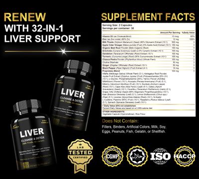 DLNIA 32 in 1 Liver Cleanse Detox &amp; Repair Formula with Apple Cider Vinegar, Milk Thistle Supplement, Artichoke, Dandelion Root Supplement - Non-GMO &amp; Vegan Herbal Liver Support &amp; Repair