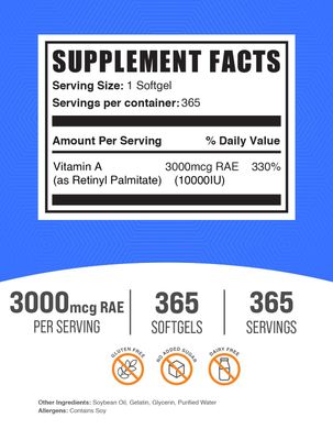 BulkSupplements.com Vitamin A 10000 IU Softgels - as Retinyl Palmitate, Vitamin A Supplement - for Eye & Immune Support, Gluten Free, 1 Softgel per Serving, 365 Count Pack of 1
