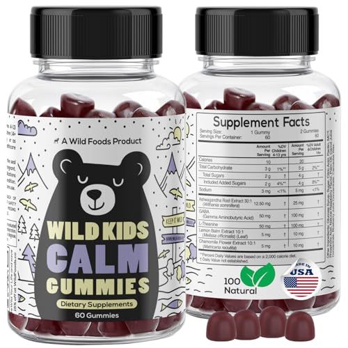 Wild Foods Kids Calm Gummies - Ashwagandha Gummies for Kids wGABA, L-Theanine, Lemon Balm &amp; Charmomile - Support Natural Relaxation, Stress Relief &amp; Sleep, for Children 4, Berry Flavor, 60 Count