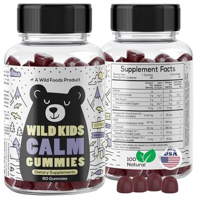 Wild Foods Kids Calm Gummies - Ashwagandha Gummies for Kids wGABA, L-Theanine, Lemon Balm &amp; Charmomile - Support Natural Relaxation, Stress Relief &amp; Sleep, for Children 4, Berry Flavor, 60 Count