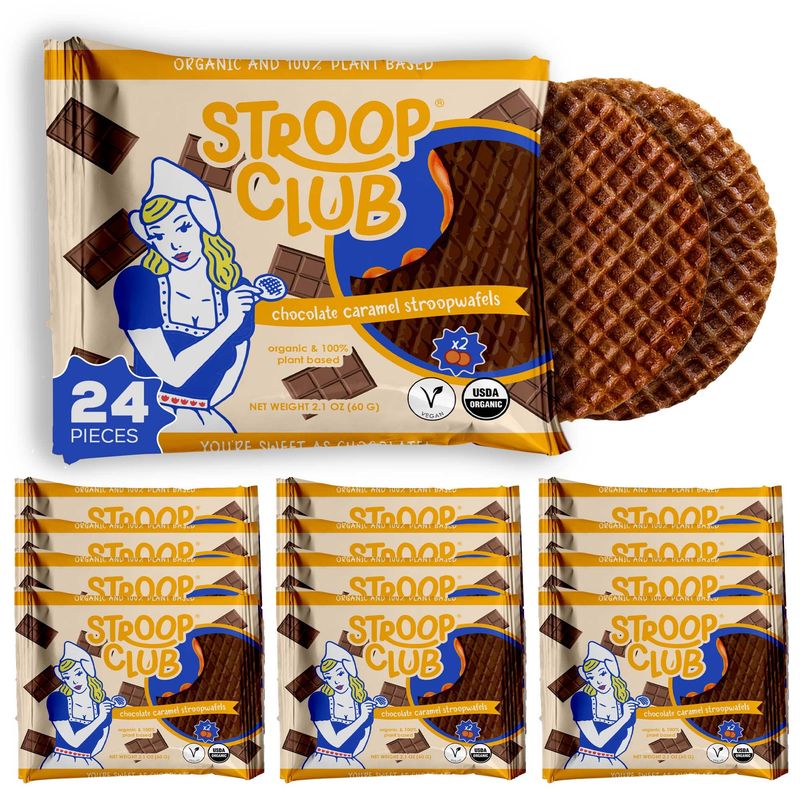 Stroop Club Organic Chocolate Infused Stroopwafel Caramel Treats Vegan, Plant-Based and Dutch-Approved Indulgence - 24 Chocolate Waffle cookies 12 Pack of 2