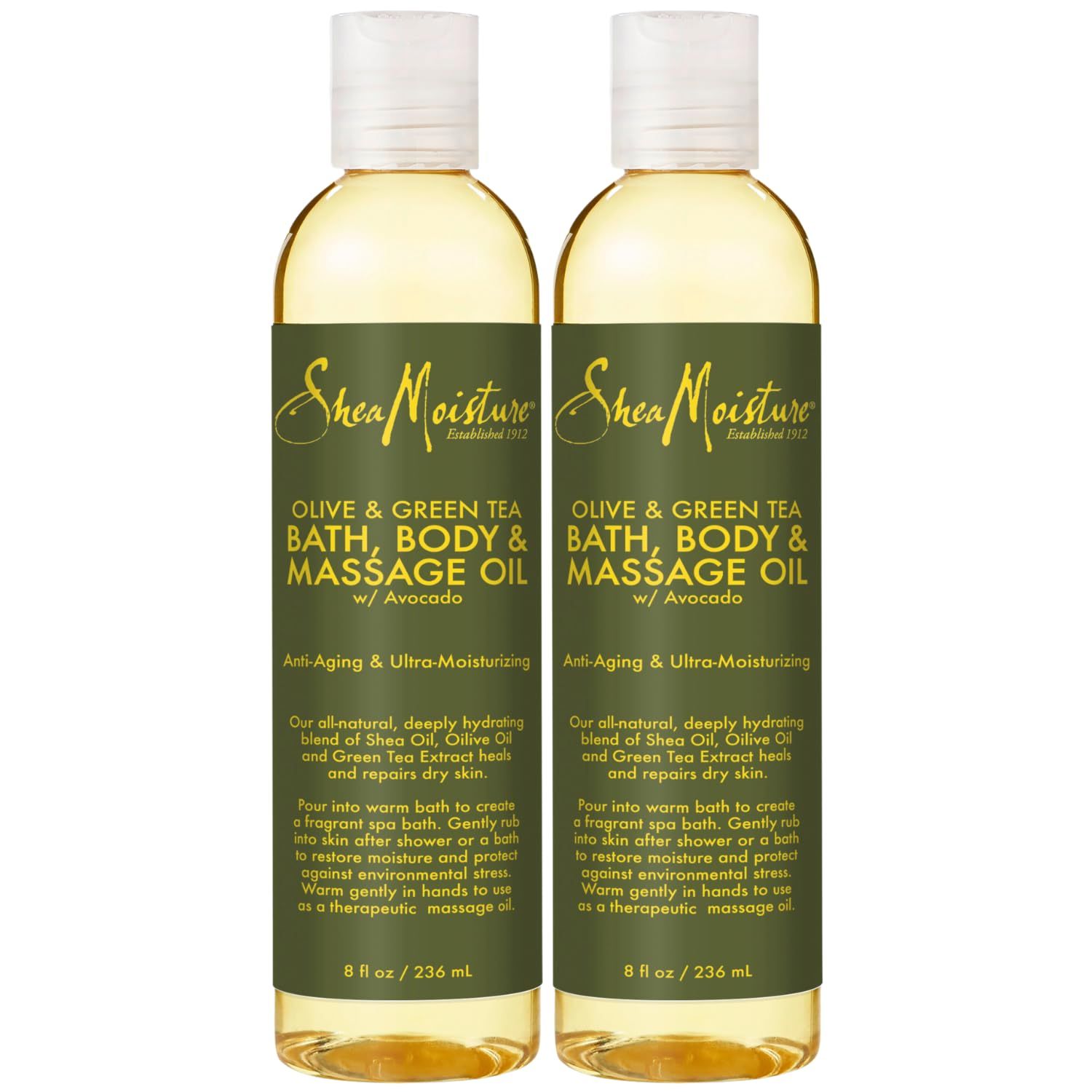 SheaMoisture Olive &amp; Green Tea Bath, Body &amp; Massage Oil 2-Pack - Avocado Oil, Anti-Aging &amp; Ultra-Moisturizing for Dry Skin, 8 Oz Ea