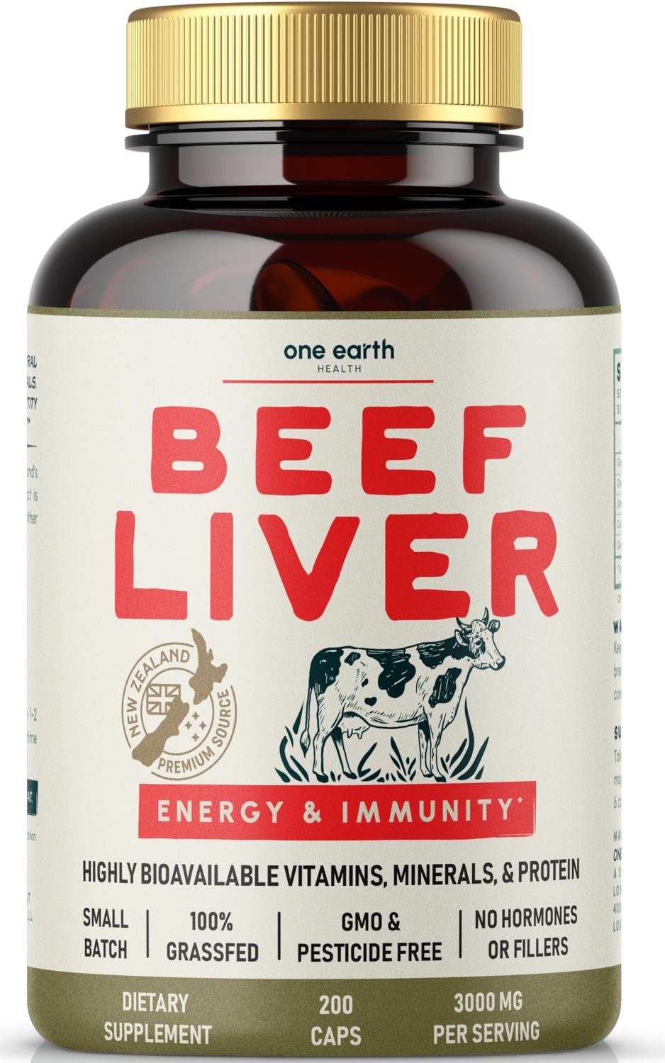 One Earth Health Beef Liver Capsules. 100 Grass Fed New Zealand Beef Liver. Pasture Raised. GMO and Filler Free. 200 Capsules 3,000mg Serving