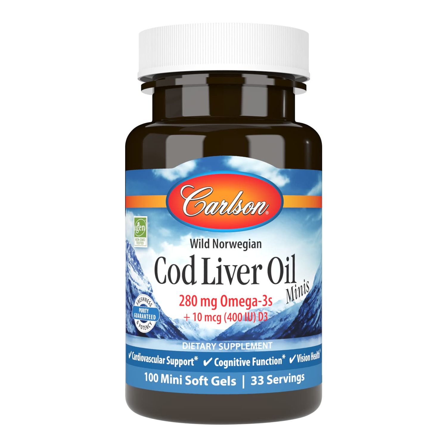 Carlson - Cod Liver Oil Minis, 280 mg Omega-3s Vitamins A &amp; D3, Heart Support &amp; Cognitive Function, Vision Health, 100 Mini Softgels