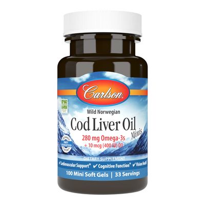 Carlson - Cod Liver Oil Minis, 280 mg Omega-3s Vitamins A &amp; D3, Heart Support &amp; Cognitive Function, Vision Health, 100 Mini Softgels