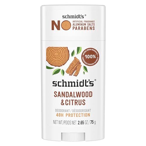 Schmidt&#39;s Aluminum-Free Vegan Deodorant Sandalwood &amp; Citrus for Women and Men, with 24 Hour Odor Protection, Natural Ingredients, Cruelty-Free, 2.65 oz