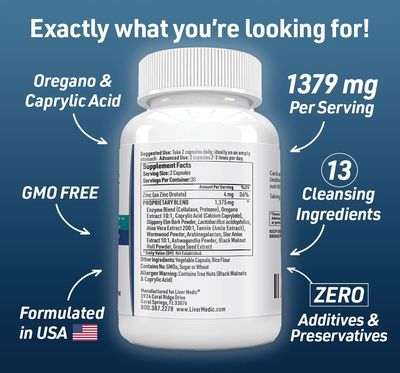 Liver Medic Candida Complex Oregano Oil, Digestive Enzymes, Candida Cleanse, Non-GMO Probiotic Supplement with Organic Herbs, Caprylic Acid, Grape Seed Extract, 60 Vegetarian Capsules