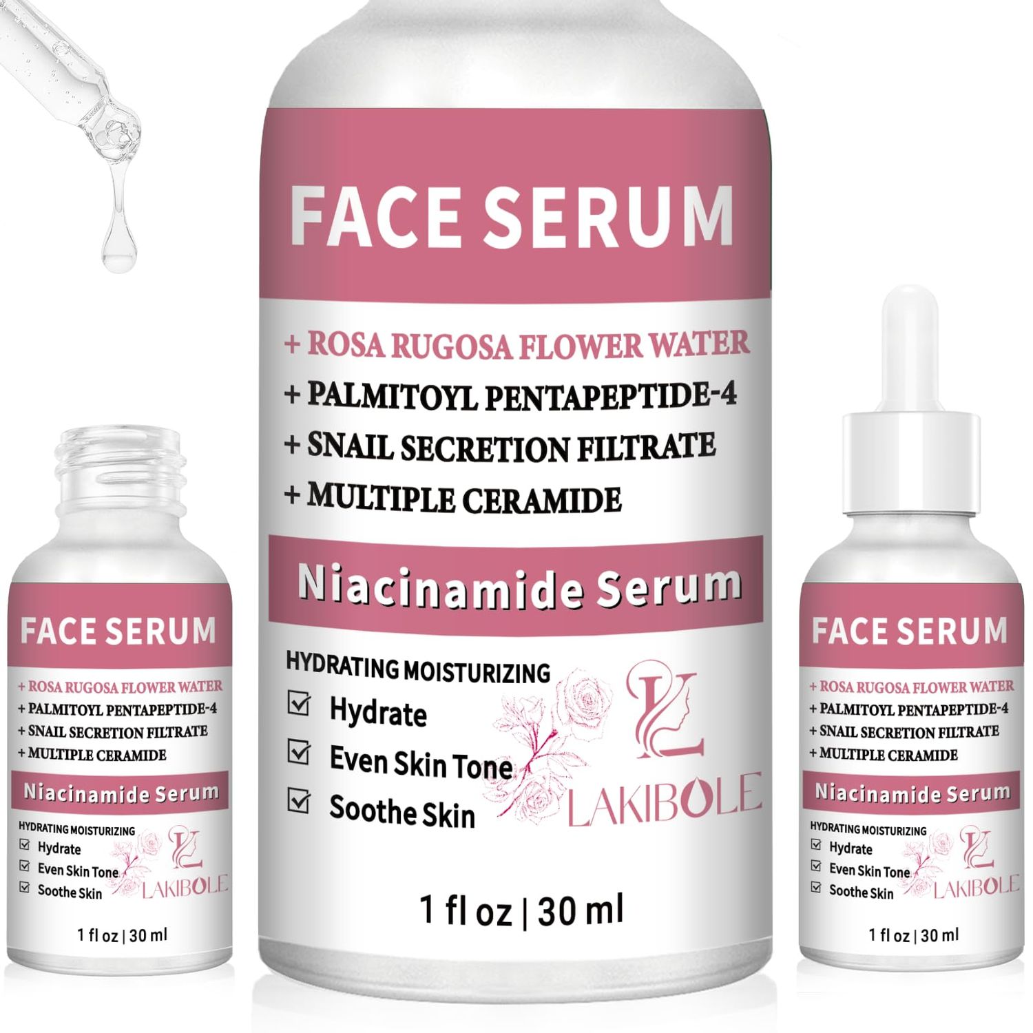 LAKIBOLE 3 Pack 5 Niacinamide Serum with 5 Damascus Rose Floral Water 1fl.oz30ml Each