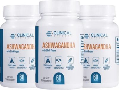 Clinical Effects Ashwagandha with Black Pepper for Stamina and Calm - 3 Pack, 180 Ashwagandha Capsules - Made in The USA