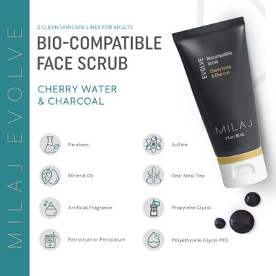 MILAJ Evolve Biocompatible Face Scrub Charcoal &amp; Cherry Water Facial Exfoliator to Cleanse Pores and Reduce Uneven Skin Tone Clean Skincare for Regular Use 2fl oz