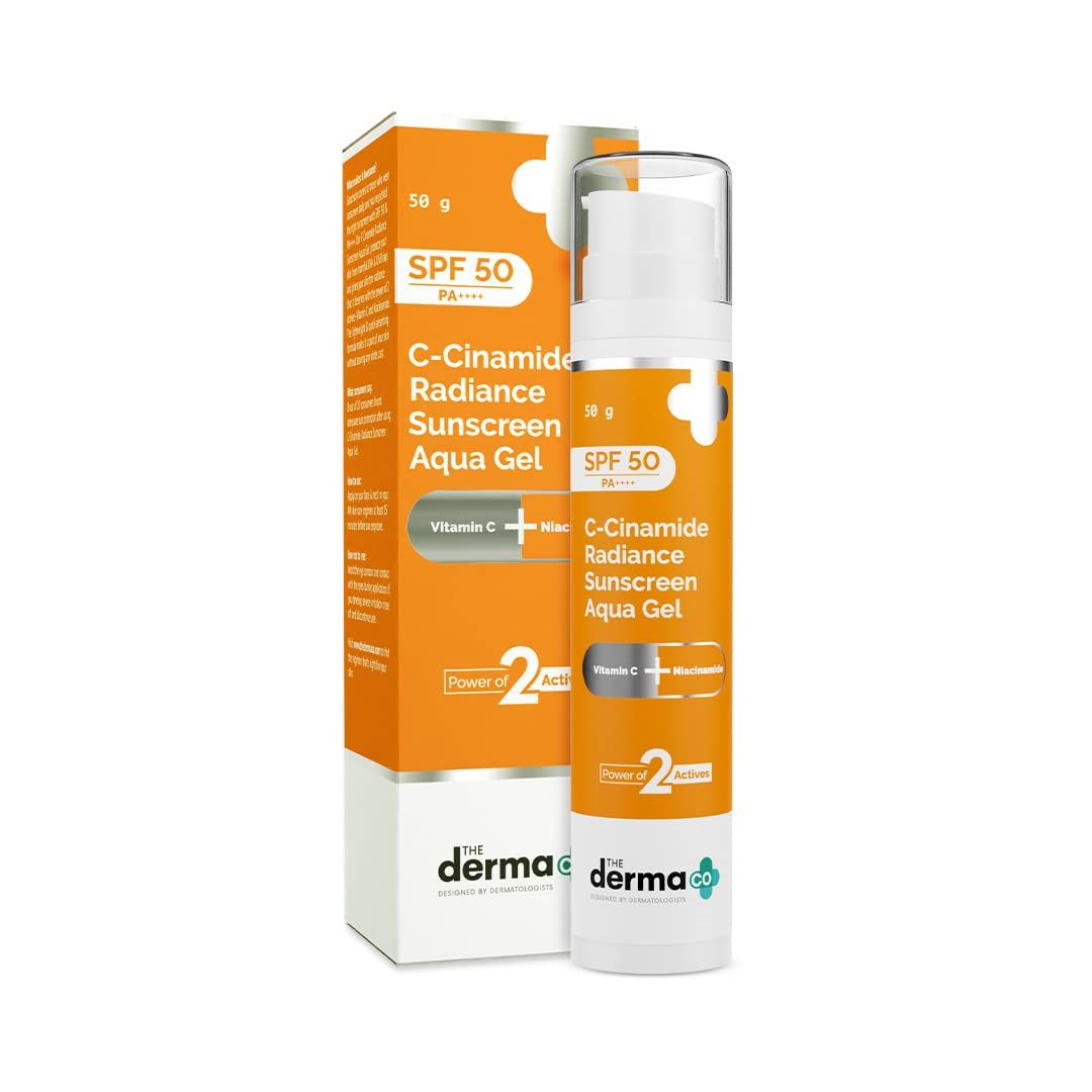 The Derma Co C-Cinamide SPF 50 Aqua Gel Sunscreen with PA Helps Give Glowing Skin with Vitamin C &amp; Niacinamide Non-Comedogenic &amp; Lightweight 1.76 Oz 50g
