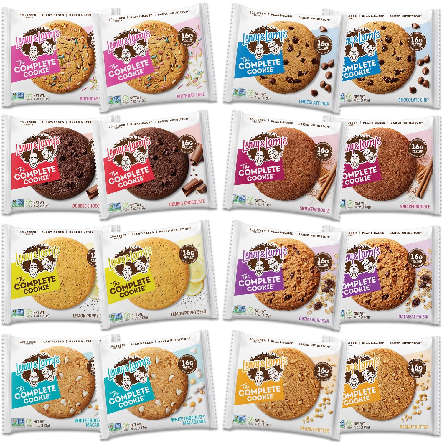 Lenny &amp; Larry&#39;s The Complete Cookie, 8 Flavor Variety Pack, Soft Baked, 16g Plant Protein, Vegan, Non-GMO, 4 Ounce Cookie Pack of 16
