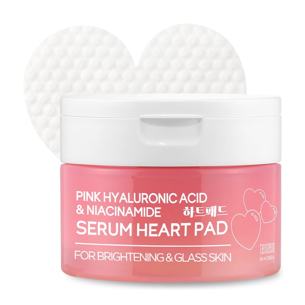 TENZERO Pink Hyaluronic Acid Niacinamide Serum Heart Pad 50ea, Hydrating &amp; Brightening Glowing Face Toner Pads, Korean Facial Radiance Pads, Dry Skin, 150g