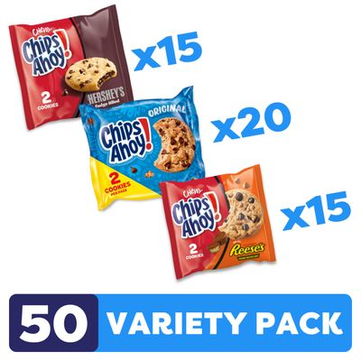 CHIPS AHOY! Cookies Variety Pack, Original Chocolate Chip, Chewy Chocolate Chip with Reese's Peanut Butter Cups &amp; Chewy Hershey's Fudge Filled Soft Cookies, 50 Snack Packs